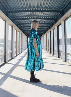 Lush Dress with Puff Sleeves Turquoise Sequin