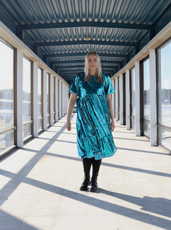 Lush Dress with Puff Sleeves Turquoise Sequin