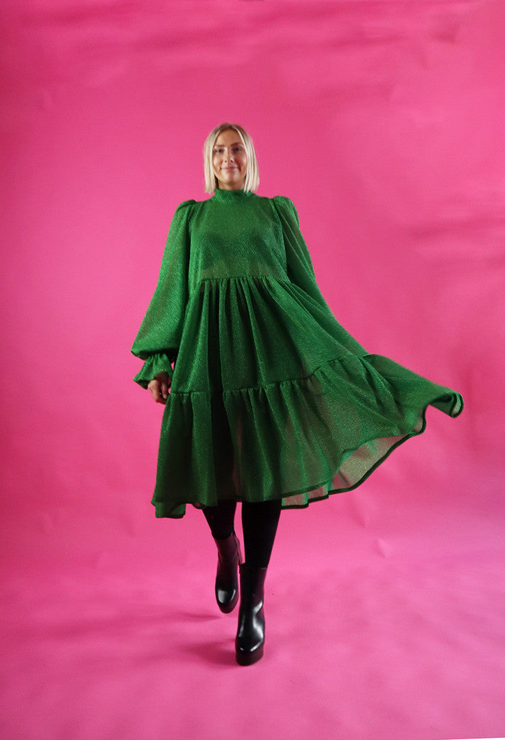 Dishy Dress With Bow Collar Glitter Green