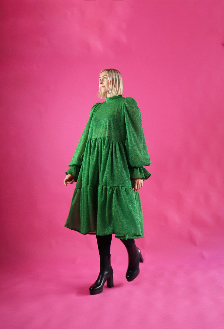 Dishy Dress With Bow Collar Glitter Green