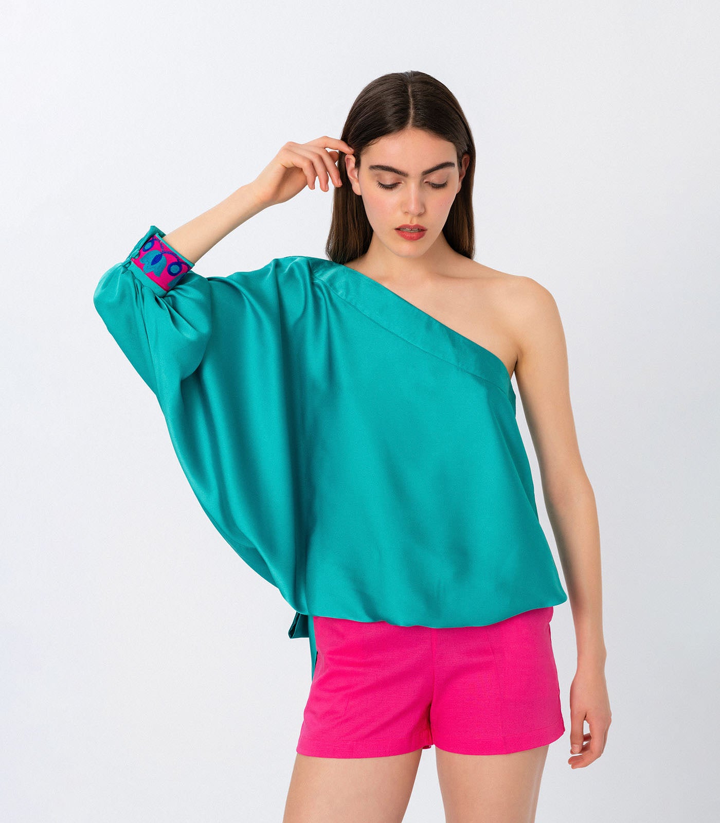 One Shoulder Silk Touch Top Emerald