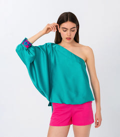 One Shoulder Silk Touch Top Emerald