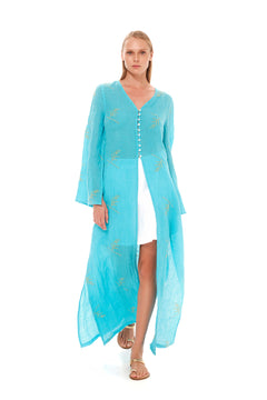 Embroidered Linen Gauze Kimono Turquoise