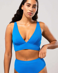 Plunge Bikini Top Turquoise Blue Rib