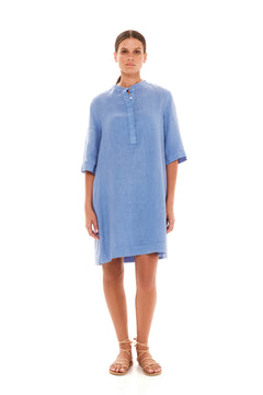 Button Front Linen Dress Blue