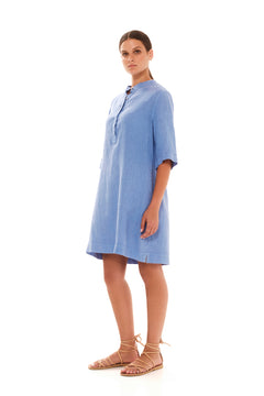 Button Front Linen Dress Blue