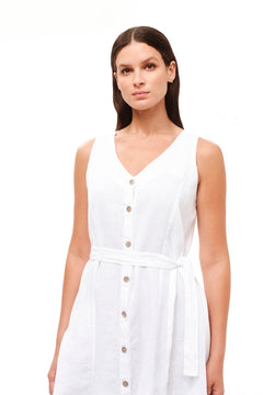 Sleeveless Button Front Linen Cami Dress White