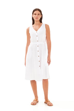 Sleeveless Button Front Linen Cami Dress White