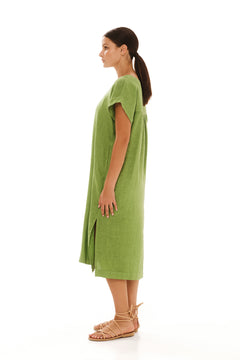 Smock Linen Dress with Split Hem Avocado