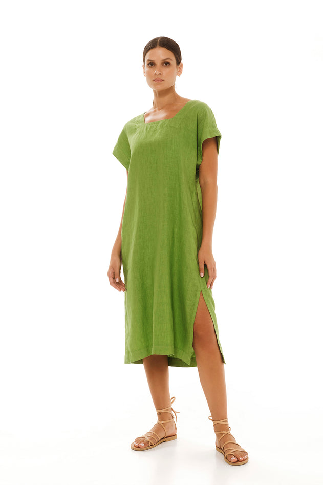 Smock Linen Dress with Split Hem Avocado