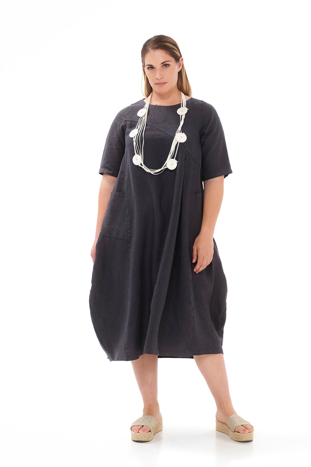 Midi Linen Dress with Tab Sleeve and Front Pockets