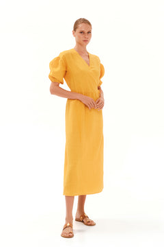 Puffy Sleeve Linen Midi Dress Yellow