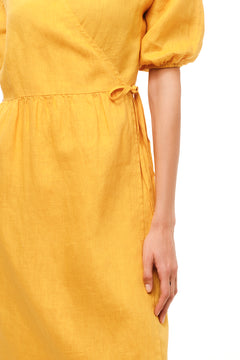 Puffy Sleeve Linen Midi Dress Yellow