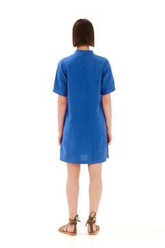 Mandarin Neck Linen Cami Dress with Flutter Sleeves Lapis Blue