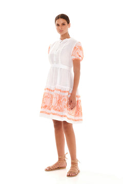 Half Button Belted Linen Dress with Embroidered Cotton Panel