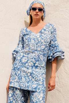 V-Neck Printed Linen Dress