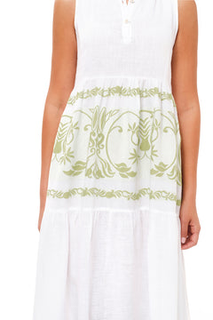 Smock Maxi Linen Dress with Embroidered Details White / Athena Green