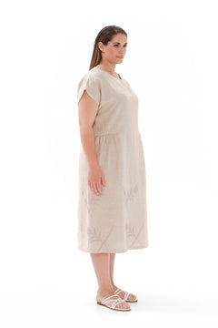 Embroidered Batwing Sleeve Linen Dress Beige