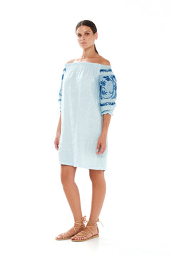 Embroidered Off Shoulder Linen Dress Ocean Air