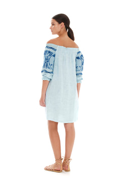 Embroidered Off Shoulder Linen Dress Ocean Air