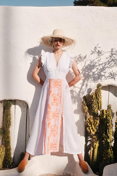 Embroidered Lace Insert Linen Maxi Dress White / Athena Orange