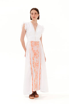 Embroidered Lace Insert Linen Maxi Dress White / Athena Orange