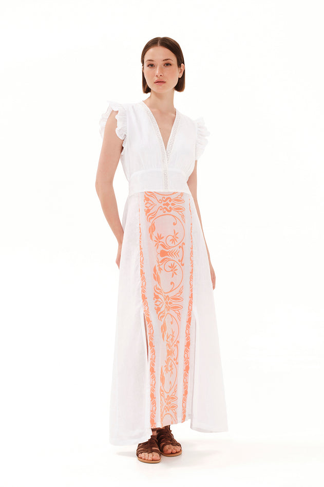 Embroidered Lace Insert Linen Maxi Dress White / Athena Orange