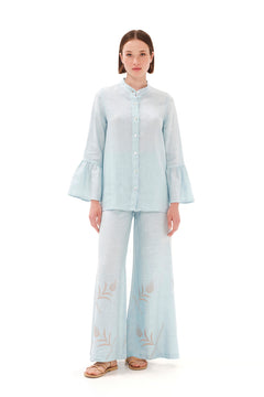 Mandarin Neck Linen Shirt with Ruffle Sleeves Ocean Air