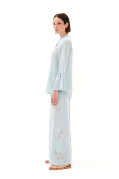 Embroidered Wide Leg Linen Pants Light Blue