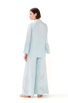 Mandarin Neck Linen Shirt with Ruffle Sleeves Ocean Air