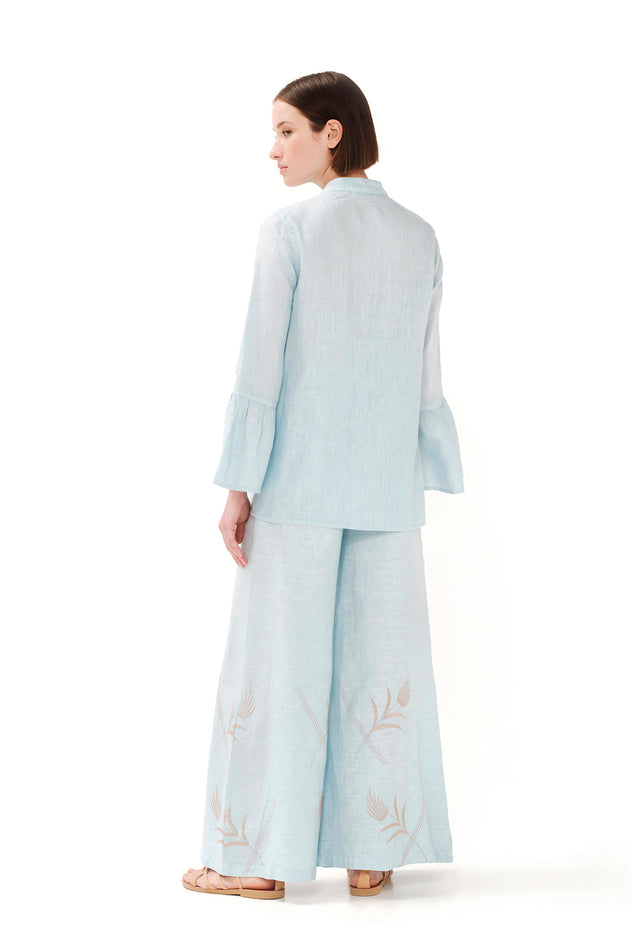 Mandarin Neck Linen Shirt with Ruffle Sleeves Ocean Air