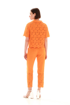 Eyelet Embroidery Scallop Trim Shirt Orange