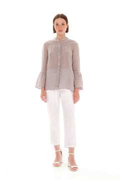 Embroidered Button-up Linen Shirt Grey