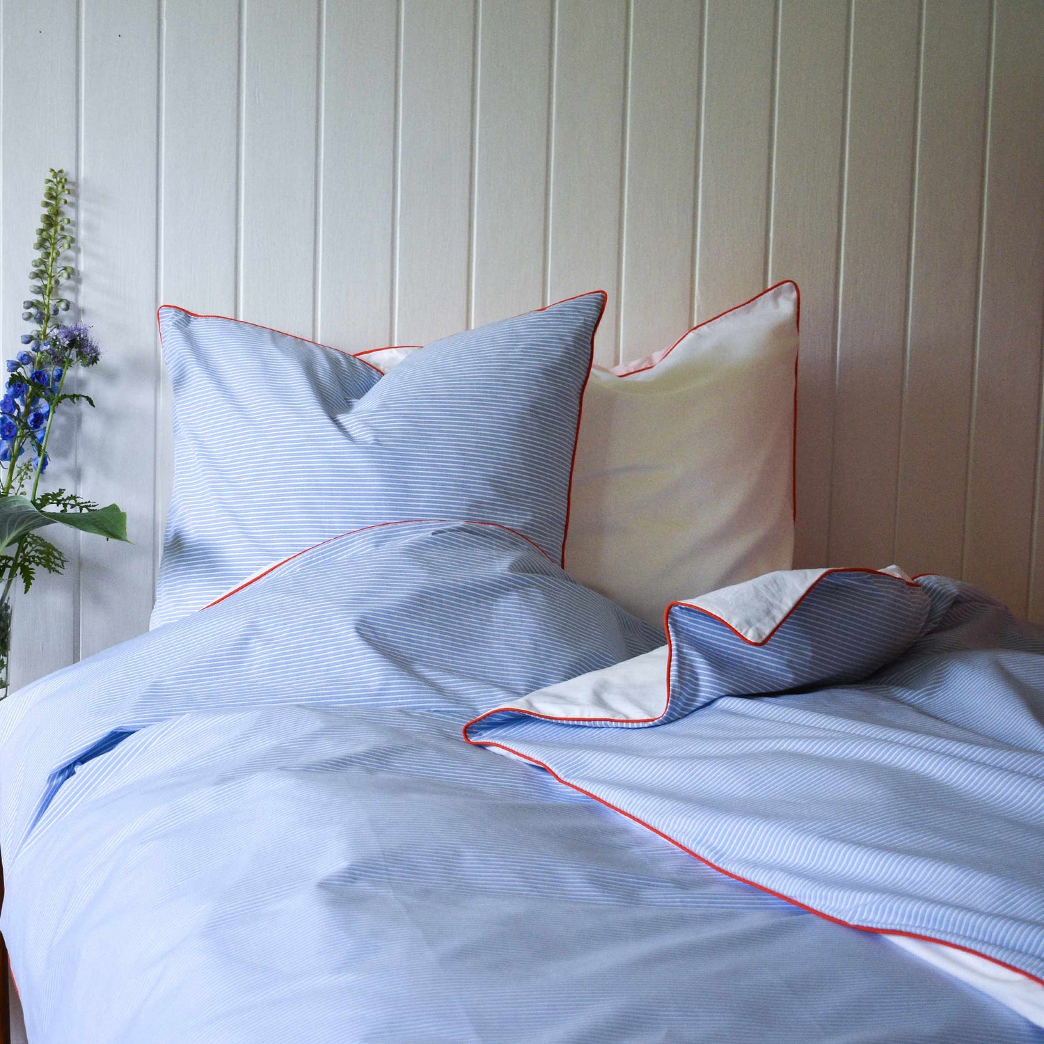 Cotton Percale Stripe Pillow Case Blue Stripe Orange Piping