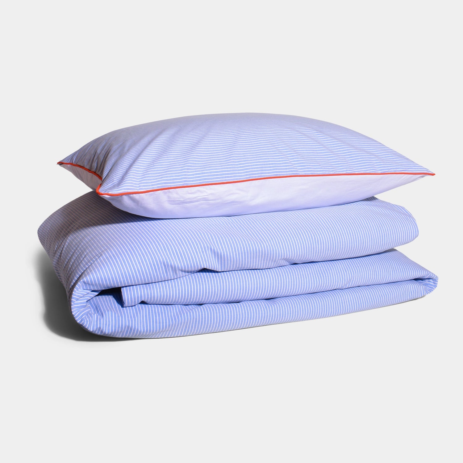 Cotton Percale Stripe Pillow Case Blue Stripe Orange Piping