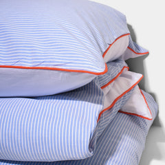 Cotton Percale Stripe Pillow Case Blue Stripe Orange Piping