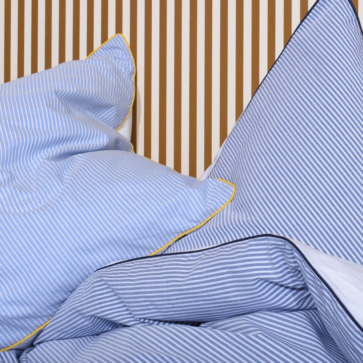 Homehagen - Cotton Percale Duvet Cover Set Navy Stripe & Blue Piping