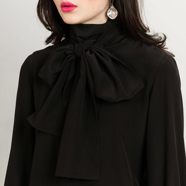 Bow Tie Blouse Black Silk