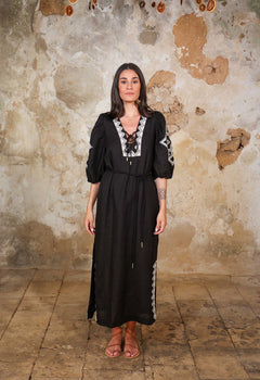 Contrast Embroidery Long Kaftan Dress