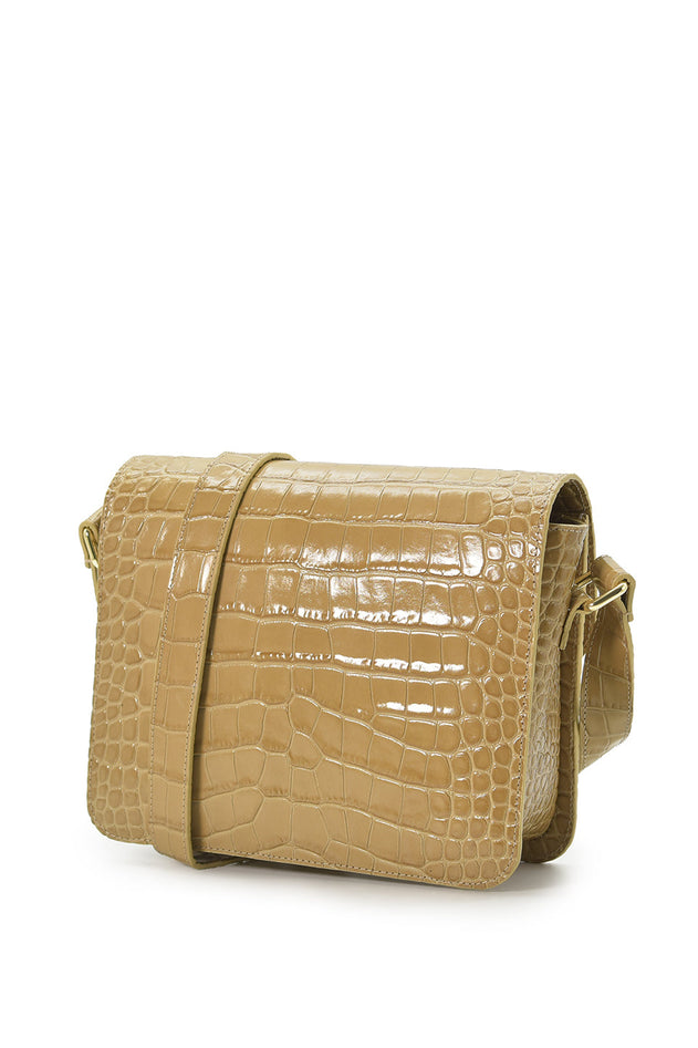 Croco Engraved Squere Leather Shoulder Bag Beige