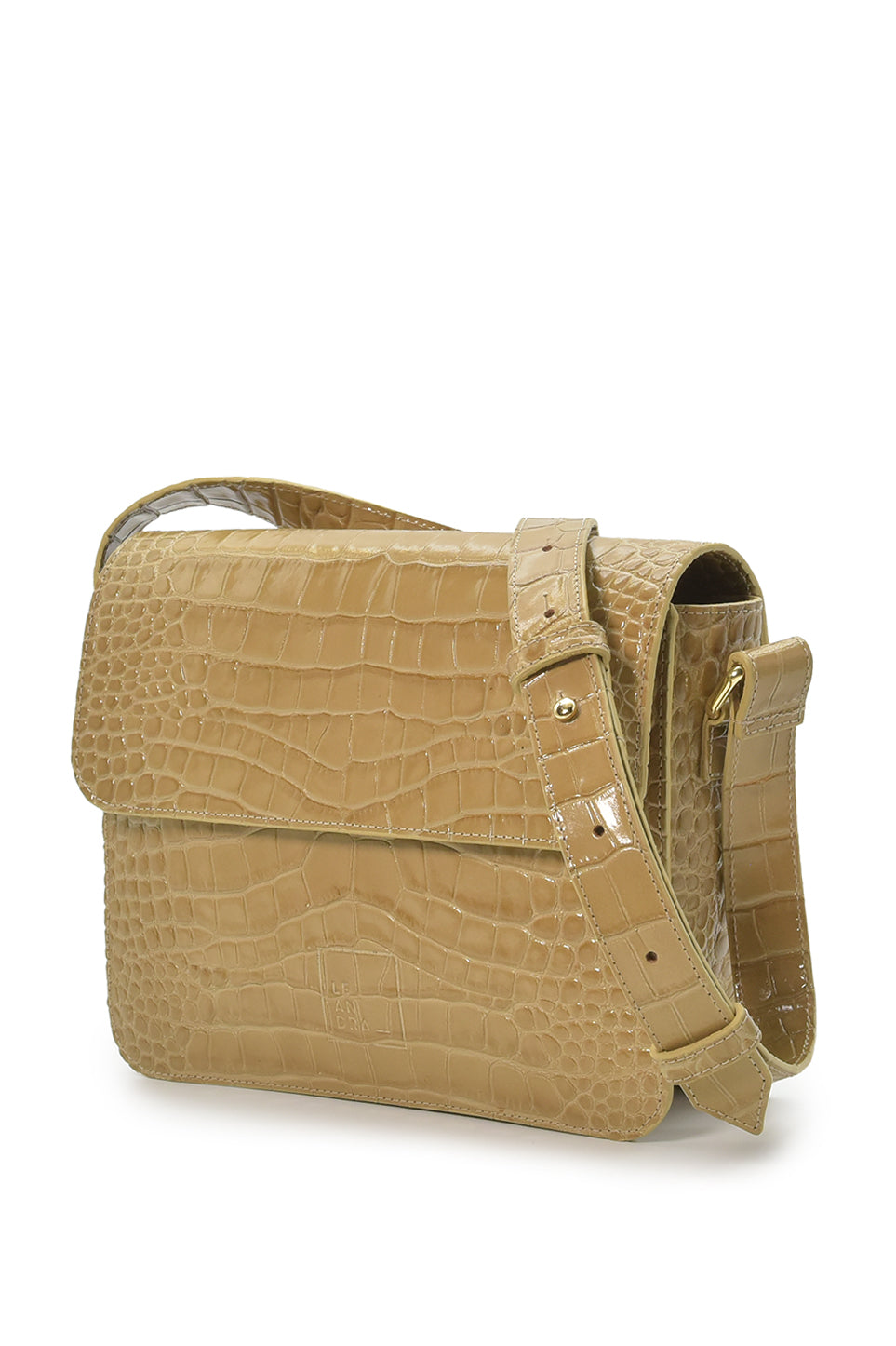 Croco Engraved Squere Leather Shoulder Bag Beige