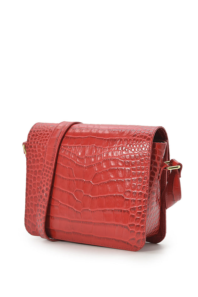 Croco Engraved Squere Leather Shoulder Bag Red