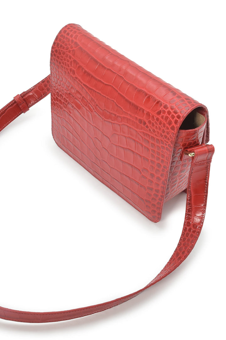 LEANDRA - Croco Engraved Squere Leather Shoulder Bag Red