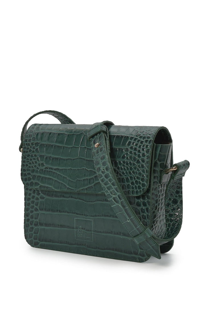 LEANDRA - Croco Engraved Squere Leather Shoulder Bag Green