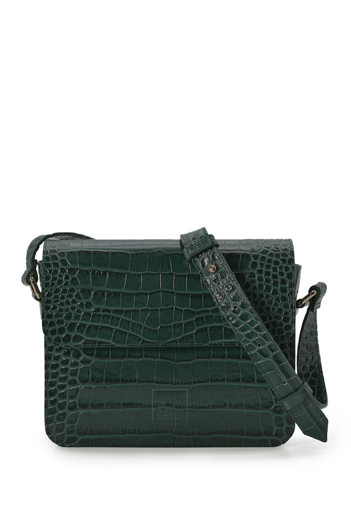 LEANDRA - Croco Engraved Squere Leather Shoulder Bag Green