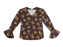 Svetlana Lame Flower Print V neck Cone Sleeve Top