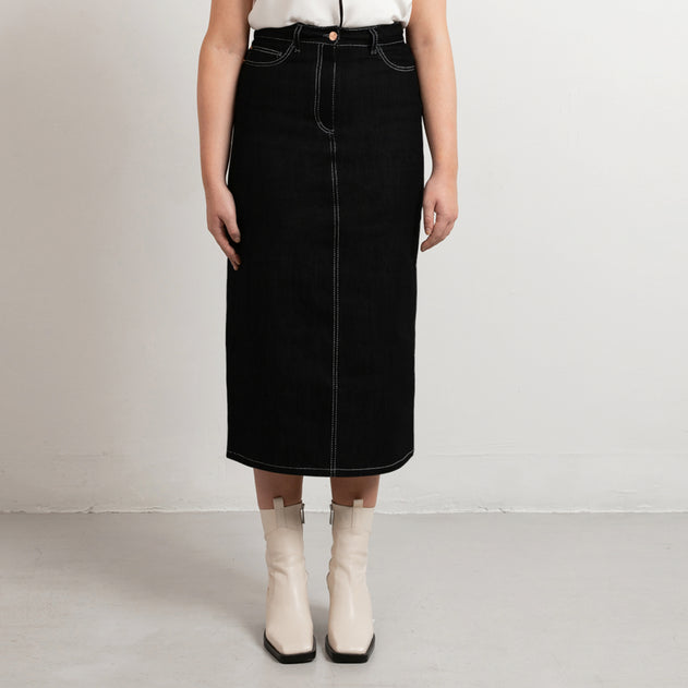 Black Midi Denim Skirt White Stitch –
