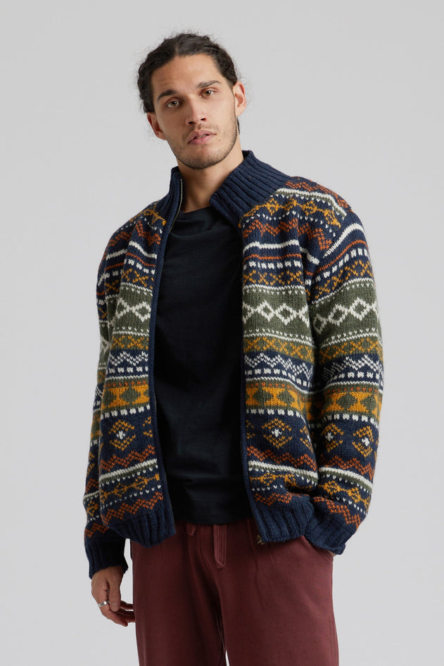 Fair Isle Fleece Lined Wool Jacket Navy