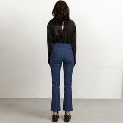 Cropped Mid Blue Flared Jeans With Sand Stitch