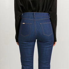 Cropped Mid Blue Flared Jeans With Sand Stitch
